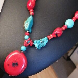 Turquoise and Red Coral Beaded Vintage Necklace By LUC 925